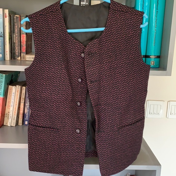 Jackets & Blazers - Dark navy blue with pink print sleeveless jacket. Wool. Fits S-M. Never worn.